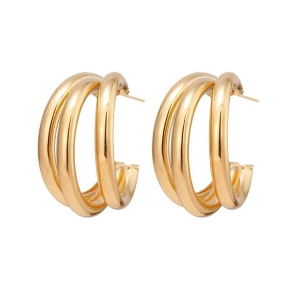 Love Jewelry Jewelry - 18k Gold Plated Geometric C-Shaped Triple Hoop Earrings NEW